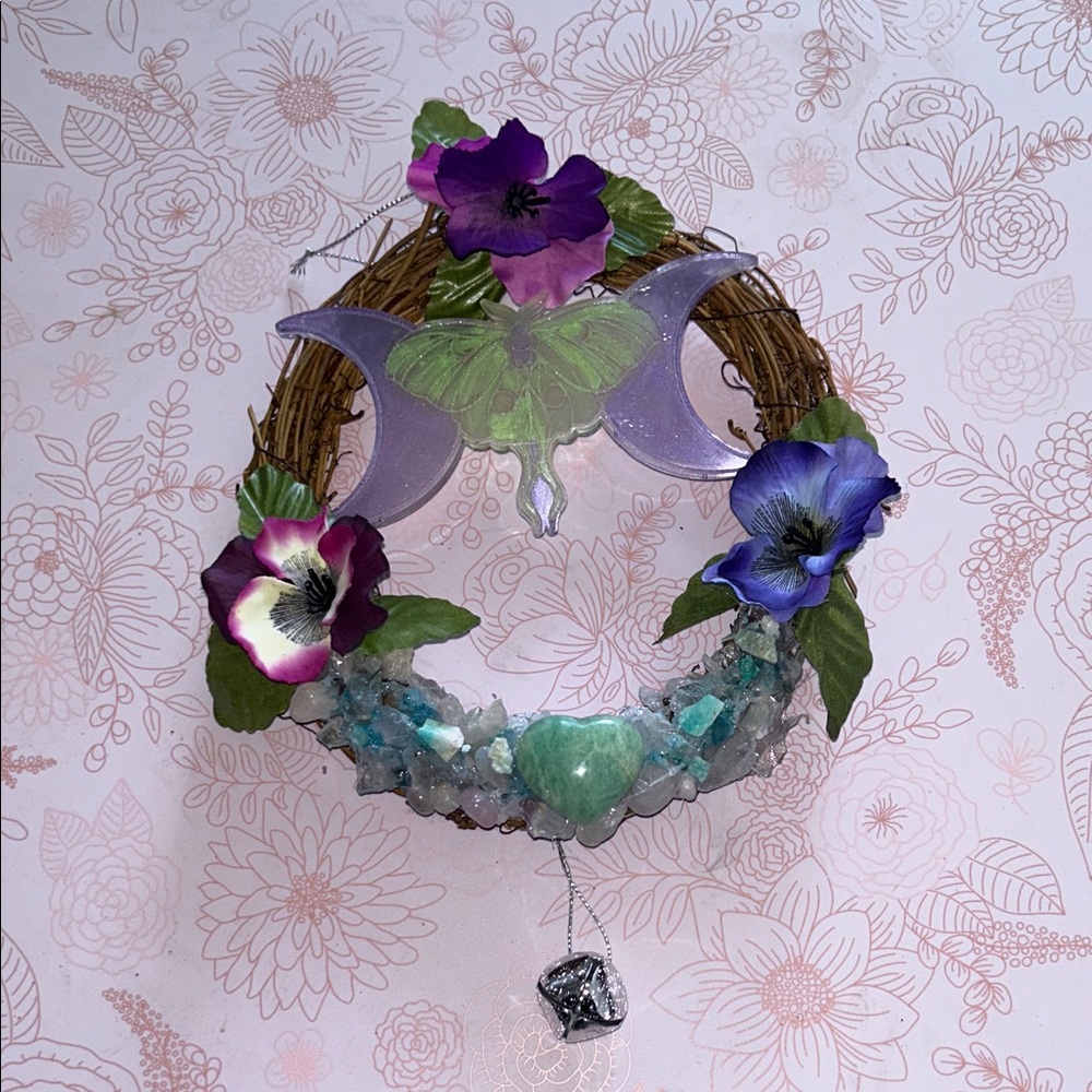 Crystal Wreath with Purple Flowers rose quartz with Amazonite